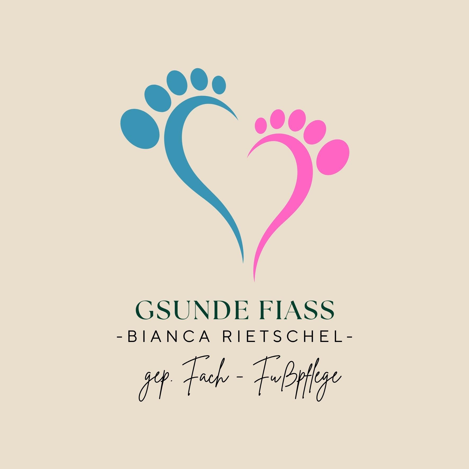 Logo Gsunde Fiass – Bianca Rietschel, gepr. Fach-Fußpflege, zwei Fußabdrücke in Blau und Pink formen ein Herz